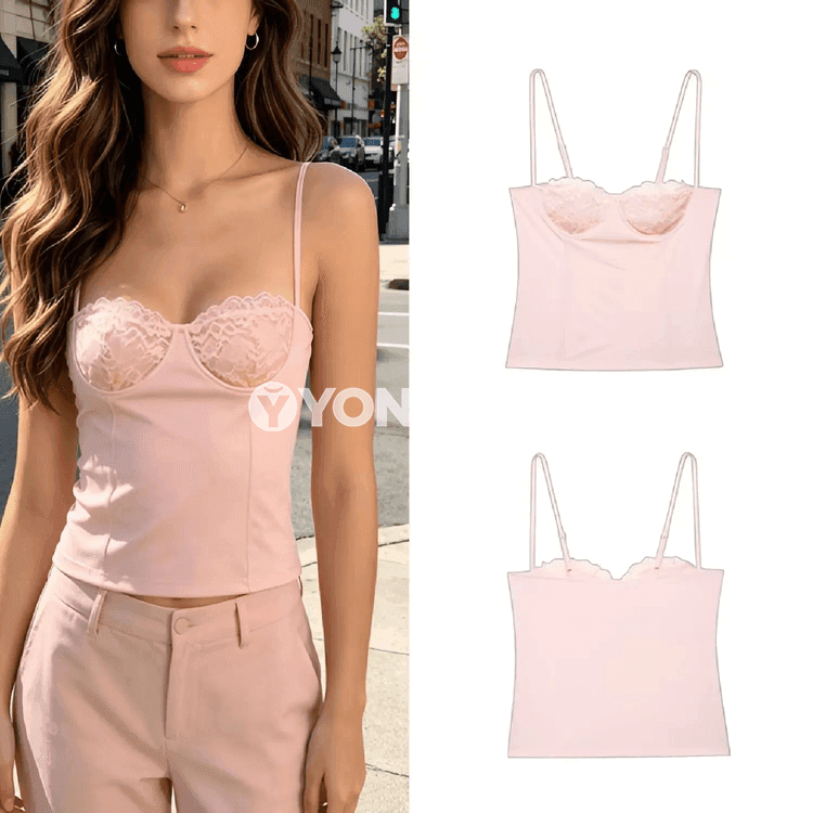Zenanlar üçin gülgüne dantelli ýeňsiz tank-top, ýaz-tomus üçin