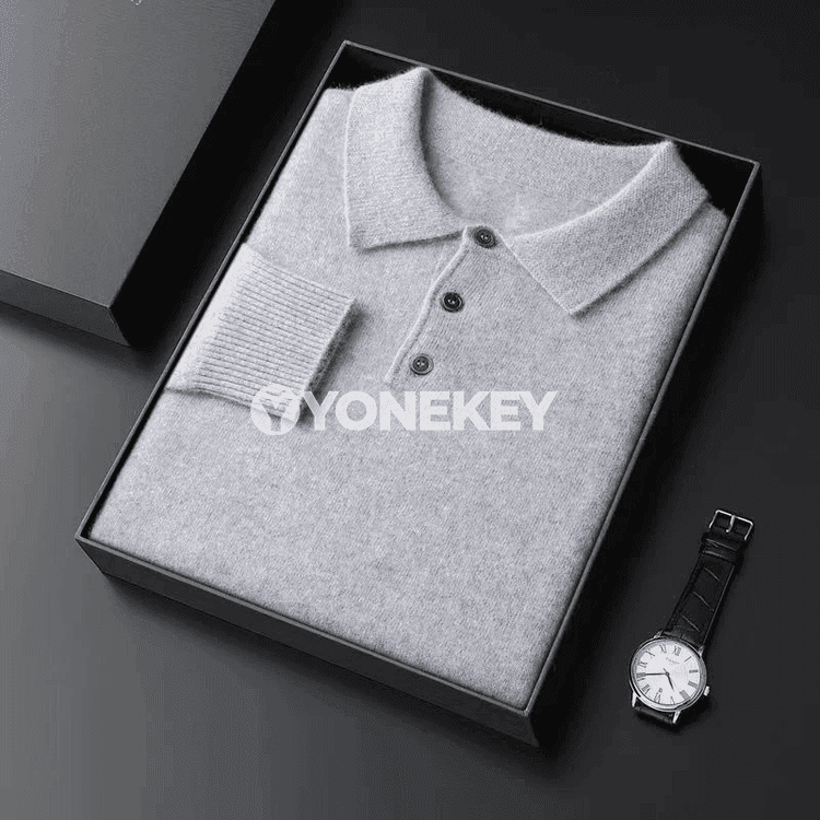 Erkekler üçin ýyly örme switer — düwmeli, boýunly, güýz-gyş modeli