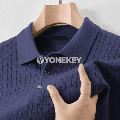 Erkekler üçin güýzlük polo switer, V boýun, düwmejikli