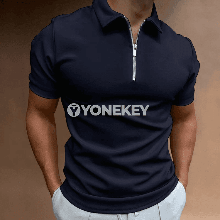 Erkekler üçin ýeňil tomus polosy, gysga ýeňli, fermuarly köýnek.