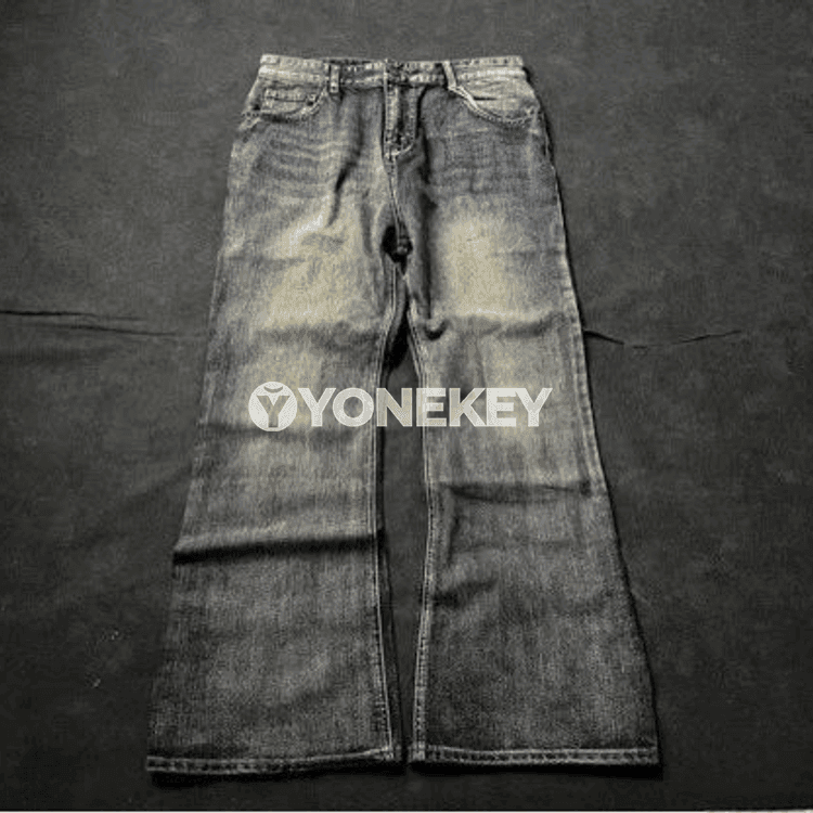 Erkekler üçin retro giň balakly denim jeans, goýy rust reňkli