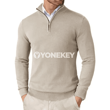 Erkekler üçin ýarym zip örme switer, ýeňil dar kesim, gündelik
