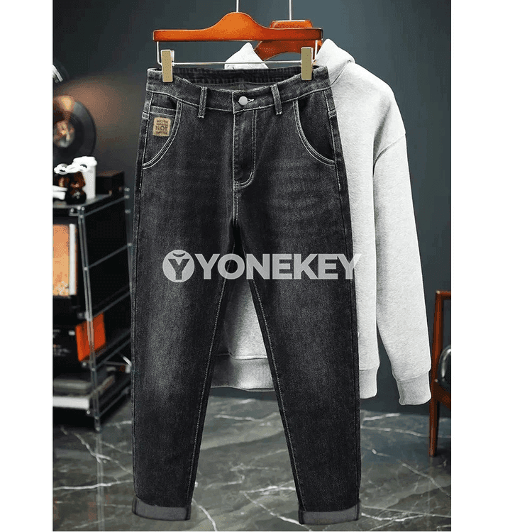 Erkekler üçin rahat streç jeans balak, giň kesim, gök