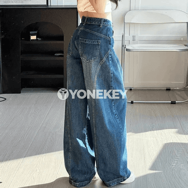 Ýokary bil giň balakly zenan jeans, boş kesimli, uzyn model