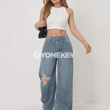 Zenanlar üçin giň balaqlı ýokary belli denim jinsiler, rahat gündelik stil