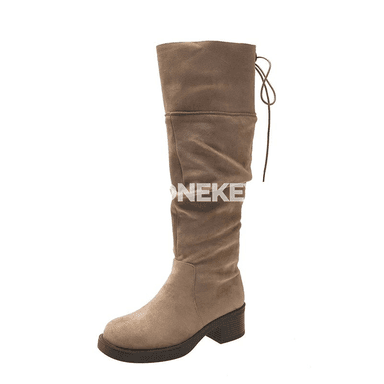 Zenanlar üçin zamşly dyzboý boots, tegelek burunly, pes ökjeli
