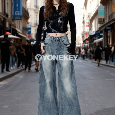 Ýokary bil giň balakly zenan jeans, boş kesimli, uzyn model