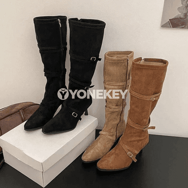 Aýal-gyzlar üçin ýokary ökjeli uzyn ädikler, ýiti burunly, fermuarly