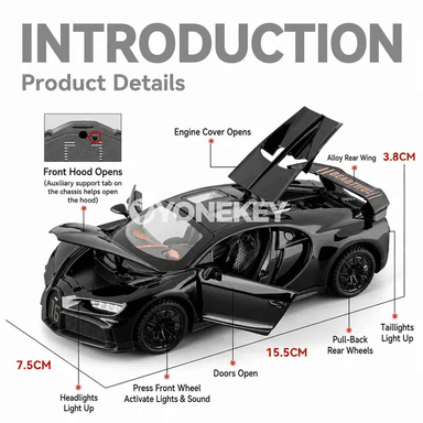 1:32 Bugatti Chiron GT metal sport awtoulag modeli, sesli we ýagtylykly