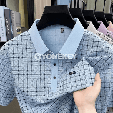 Erkekler üçin gysga ýeňli jacquard polo köýnek, ýeňil we rahat