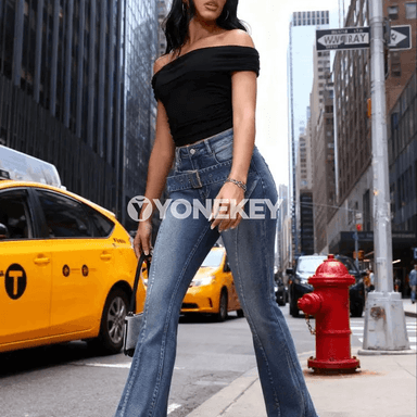 Zenanlar üçin ýokary belli giňýän jeans jalbar, döwrebap stil