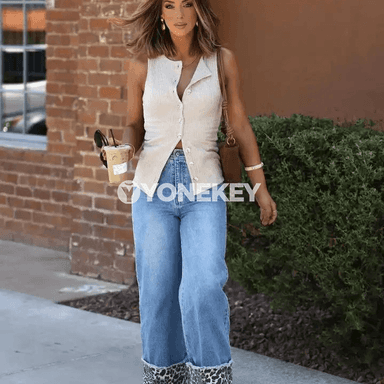 Aýallar üçin giň balaýak ýokary bil jeans, ýeňil we rahat