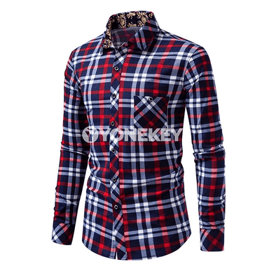 Erkekler üçin ýazlyk plaid köýnek, uzyn ýeňli, düwme, rahat stil