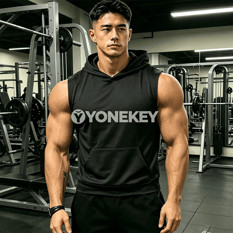 Erkekler üçin ýeňil, howa geçirýän ýeňsiz sport hudi köýnegi