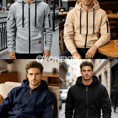 Erkekler üçin ýyly kapýuşonly fermuarly sport sweatshirt, dürli reňkli