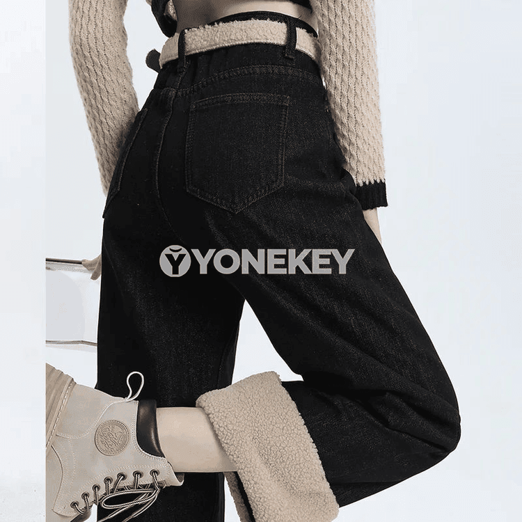 Zenanlar üçin gyş denim jalbar, ýyly, göni kesimli, kemerli