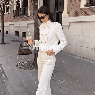 Zenanlar üçin öňi iki düwmeli dik ýakaly döwrebap blazer
