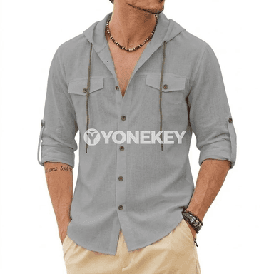 Erkekler üçin ýeňil uzyn ýeňli linenli hoodie köýnek