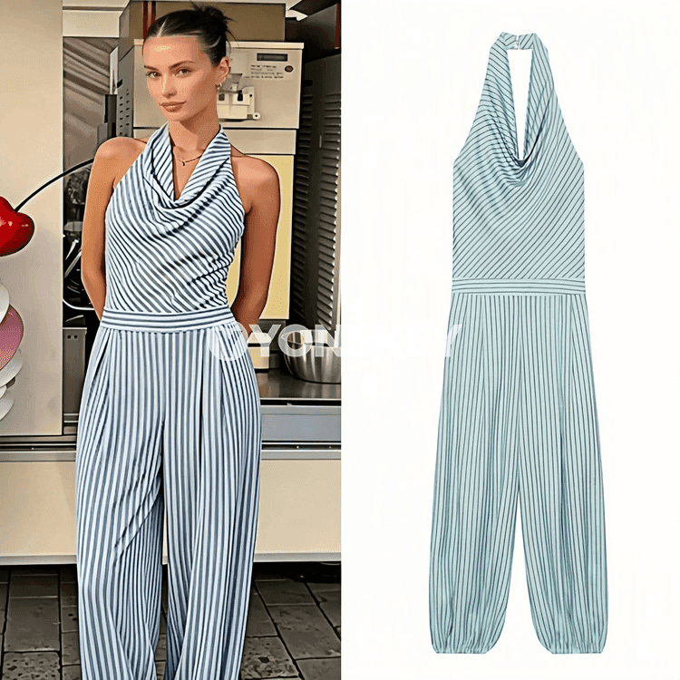 Zenanlar üçin zolakly halter boýunly jumpsuit, tomusky