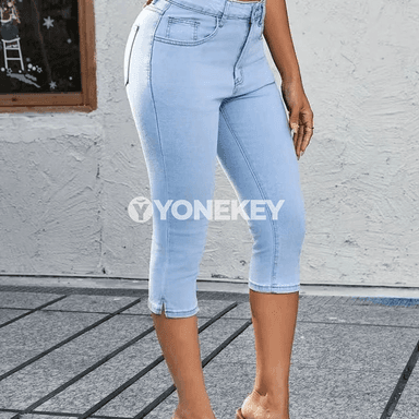 Zenanlar üçin açyk gök jeans balak, ýokary bel, elastik