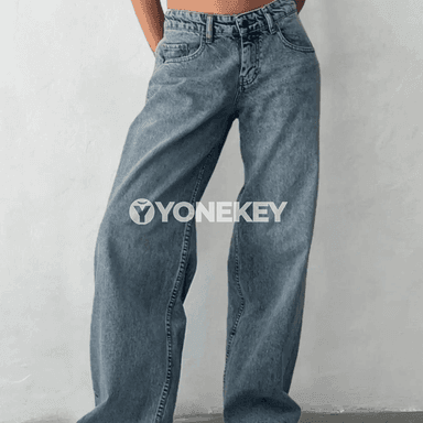 Aýal-gyzlar üçin gara denim giň balak jeans, rahat kesim