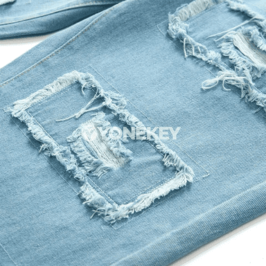 Erkekler üçin açyk gök giň kesimli ýyrtyk denim balak