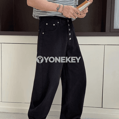 Erkekler üçin ýaz‑tomus giň kesimli düwmeli jeans, rahat balak