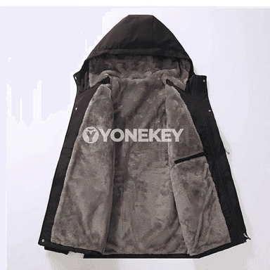 Erkekler üçin ýyly kapýuşonly gyş penjek-palto