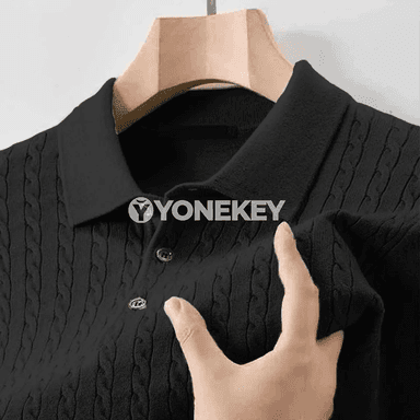 Erkekler üçin güýzlük polo switer, V boýun, düwmejikli