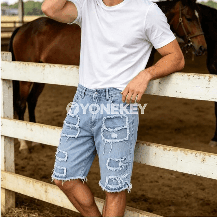 Erkekler üçin vintage denim şortik, rahat we moda stil