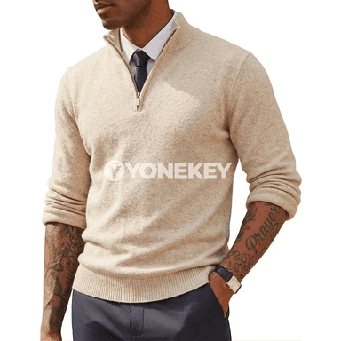 Erkekler üçin ýeňil zipperli polo switer, dar kesimli, gündelik stil