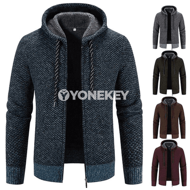 Erkekler üçin kapüşonly ýyly trikotaž kurtka, gündelik stil
