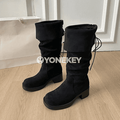 Zenanlar üçin zamşly dyzboý boots, tegelek burunly, pes ökjeli