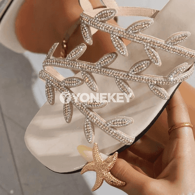 Zenanlar üçin ýazlyk blok ökjeli açyk uçly rhinestone sandallar