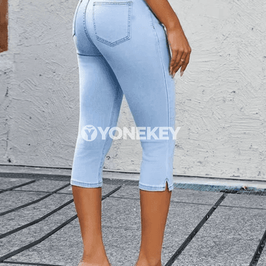 Zenanlar üçin açyk gök jeans balak, ýokary bel, elastik