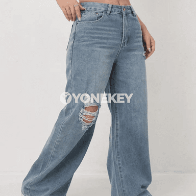 Zenanlar üçin giň balaqlı ýokary belli denim jinsiler, rahat gündelik stil