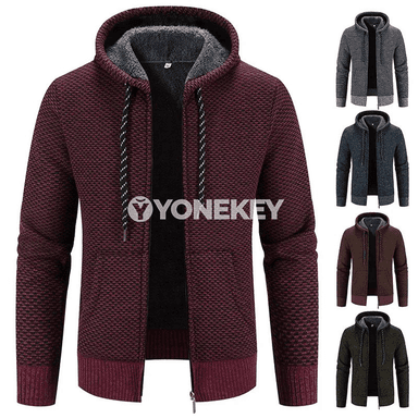 Erkekler üçin kapüşonly ýyly trikotaž kurtka, gündelik stil