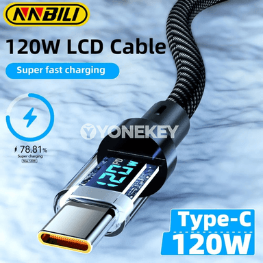 NNBILI 6A USB-A to Type-C LED displeýli çalt zarýad kabeli, 120W