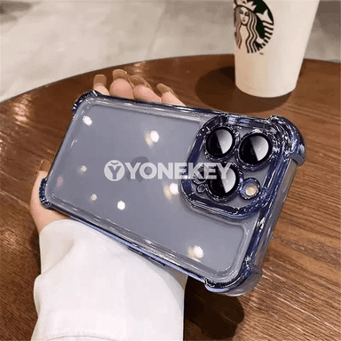 iPhone 11–16 üçin transparent shockproof gapak, metal bezegli