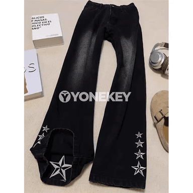 Zenanlar üçin giň kesimli ýokary belli denim jeans jalbar