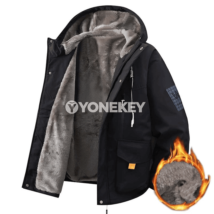 Erkekler üçin ýyly kapýuşonly gyş penjek-palto