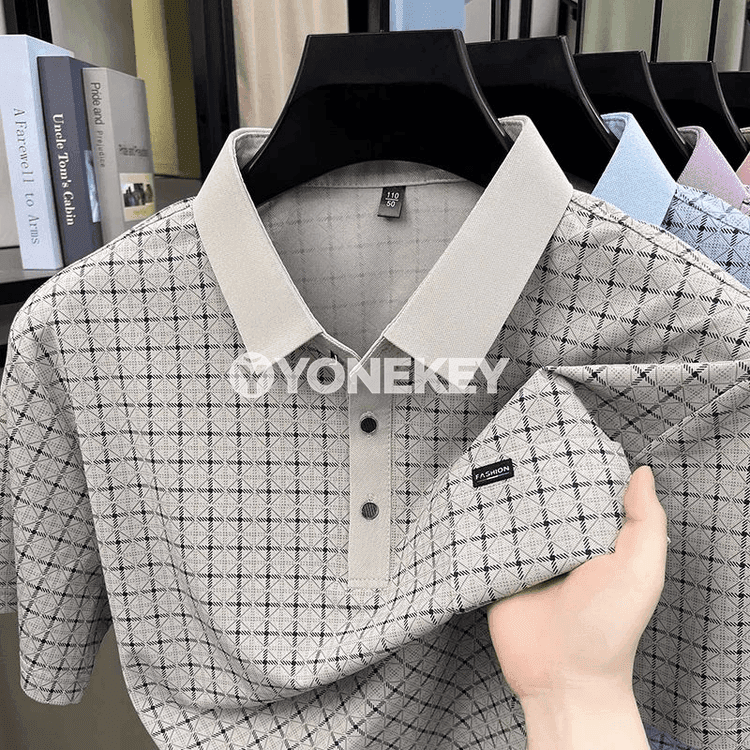 Erkekler üçin gysga ýeňli jacquard polo köýnek, ýeňil we rahat