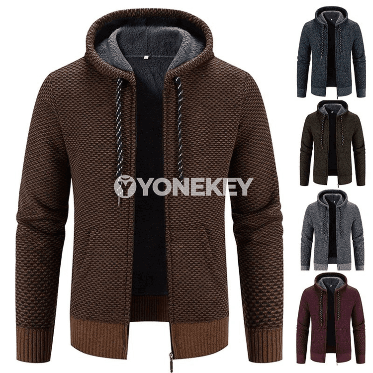 Erkekler üçin kapüşonly ýyly trikotaž kurtka, gündelik stil