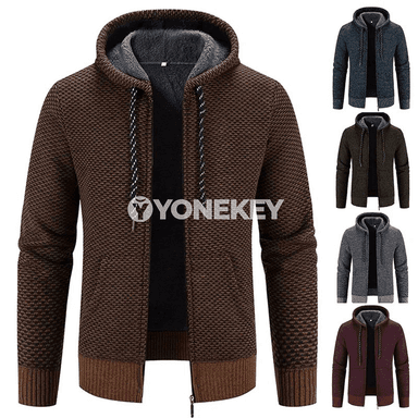 Erkekler üçin kapüşonly ýyly trikotaž kurtka, gündelik stil