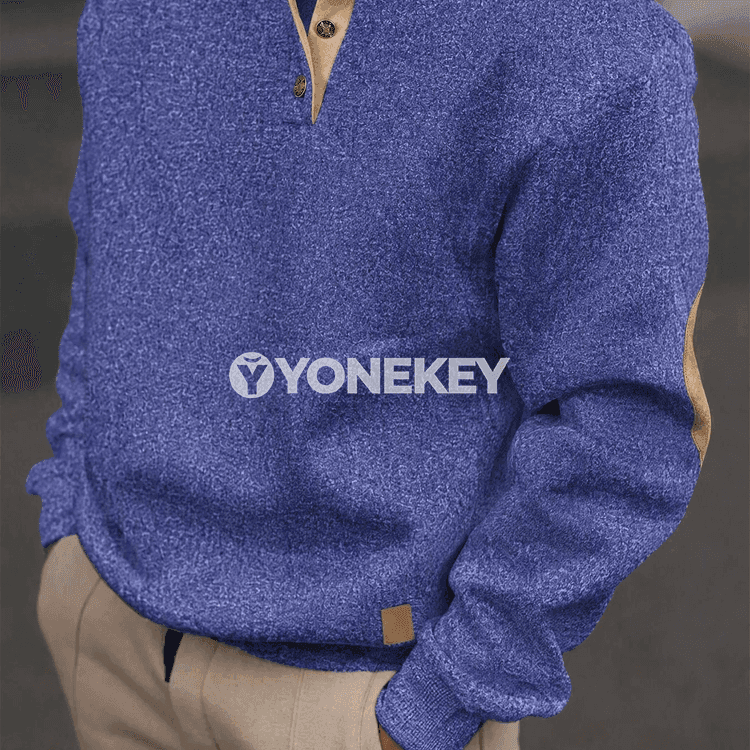 Erkekler üçin vintage Henley zipli ýyly köýnek, tizlikli ýeňlikli