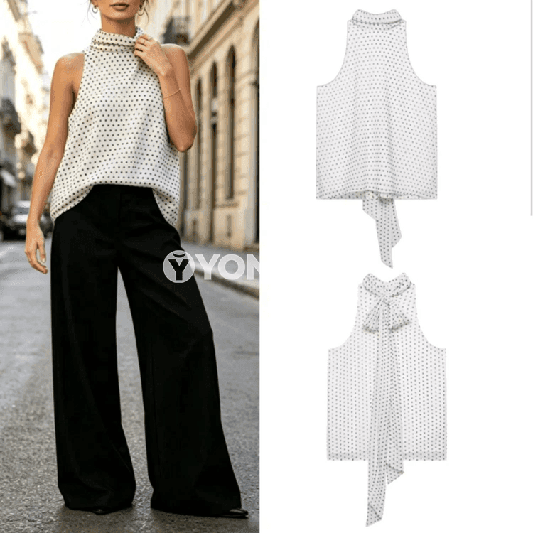 Zenanlar üçin nokatly nagyşly ýeňsiz chiffon bluzka, ýönekeý stil