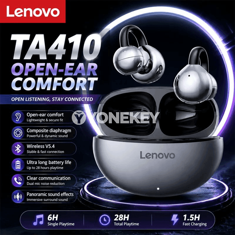 Lenovo TA410 simsiz TWS gulak içi nauşnikler, HD ses we güýçli batareýa