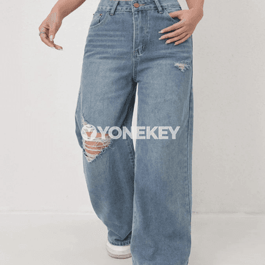 Zenanlar üçin giň balaqlı ýokary belli denim jinsiler, rahat gündelik stil