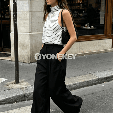 Zenanlar üçin nokatly nagyşly ýeňsiz chiffon bluzka, ýönekeý stil