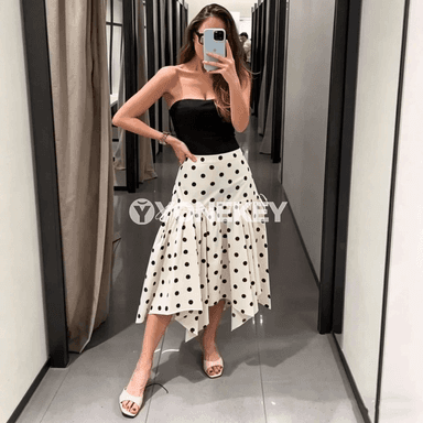 Zenanlar üçin ak-gara nokatly midi ýubka, moda, A-line